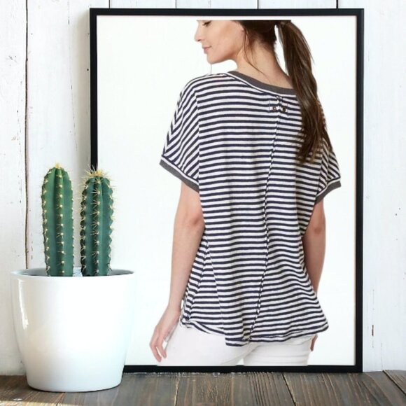 Free People We The Free Black & Cream Stripe Short Sleeve High Low Tunic… - Picture 2 of 9